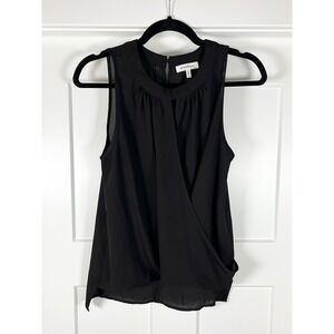 Monteau Blouse Womens S Black Sleeveless Faux Wrap Asymmetrical Hem Pleated Top